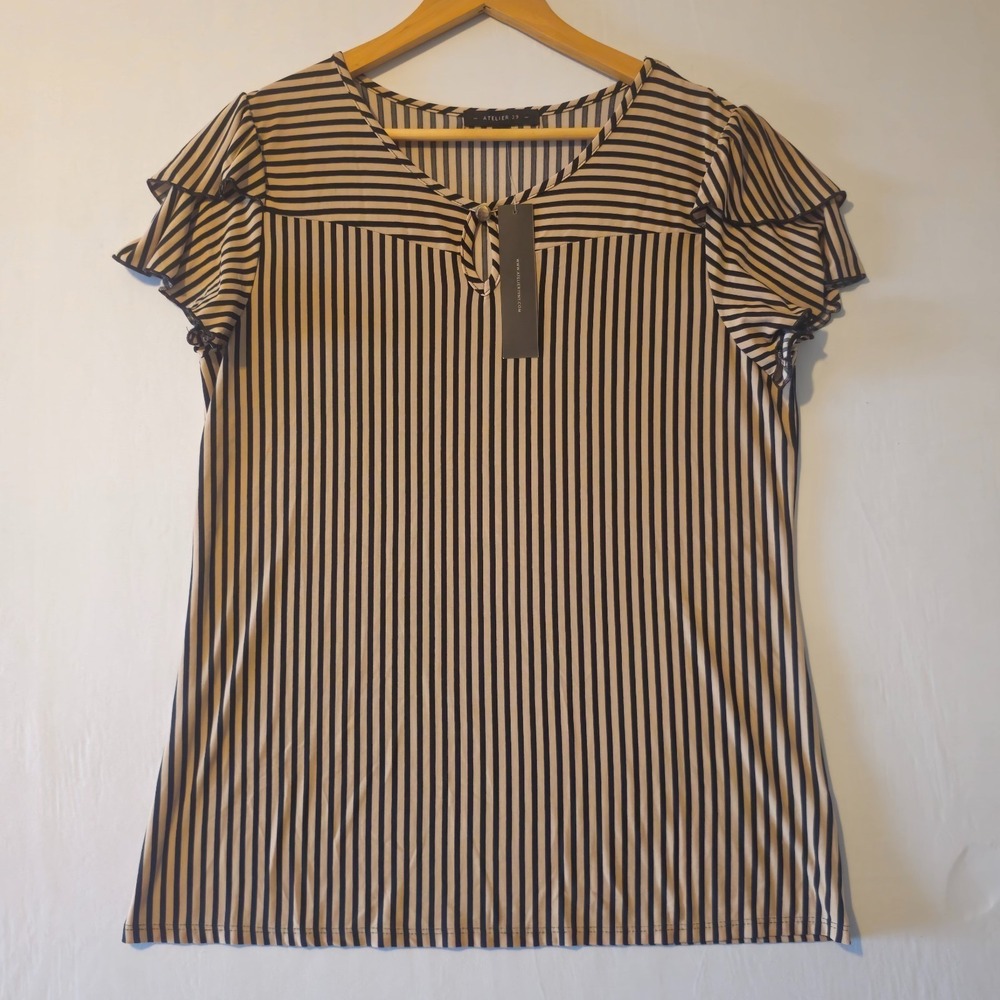 Atelier 29 Striped Flutter Sleeve Top L Tan Black Minimalist Chic